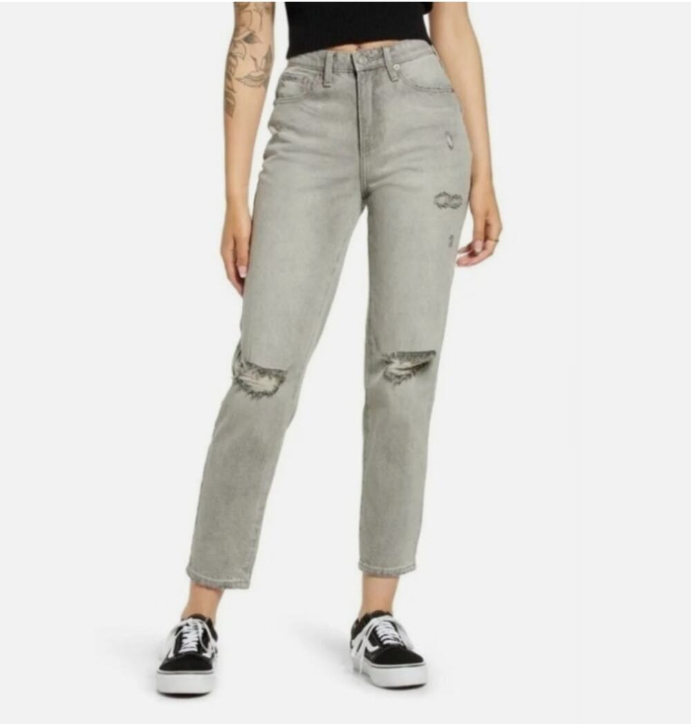BP High Waist Mom Jeans Distressed Denim Cotton Light Gray Wash Womens Size 26